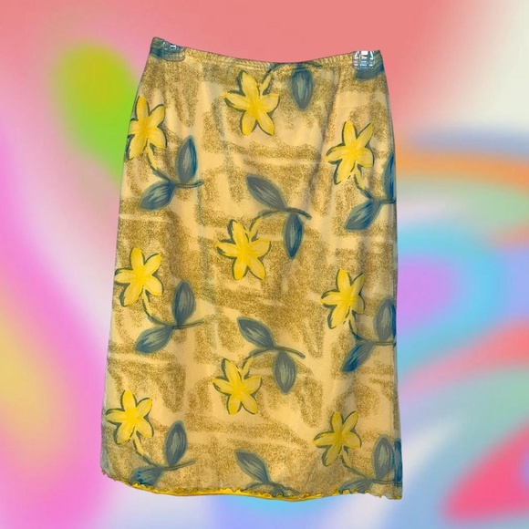 Yellow and teal floral double lines knee length skirt. Lettuce trim hem. Medium - Picture 2 of 3